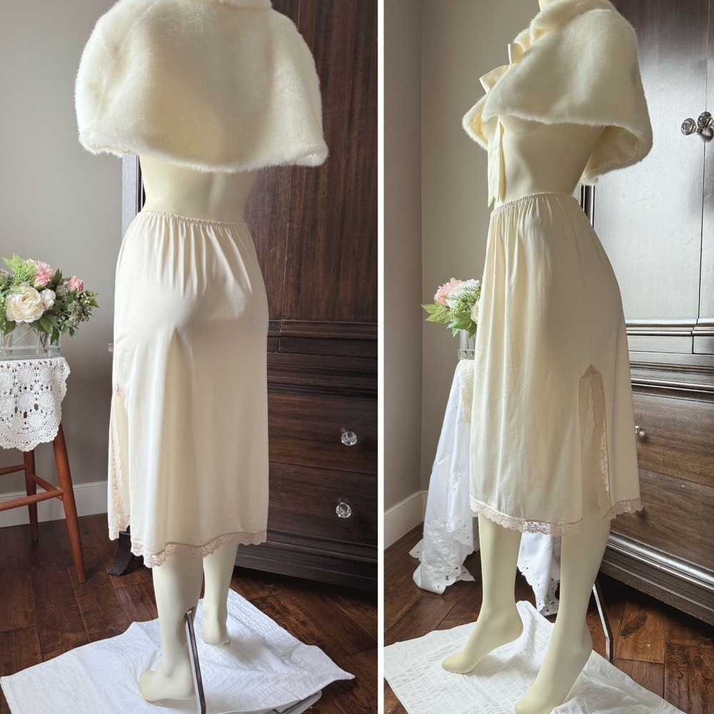 Half Slip Nylon Lace Panel Midi‎ Skirt Elastic Waist Cream Size S Vintage 70s